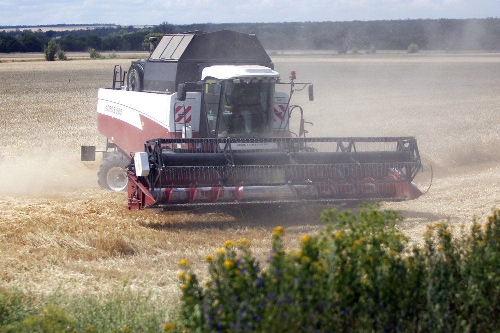 Владимир Аносов / Комбайн убирает пшеницу на разминированном поле у трассы, ведущей из Северодонецка в Луганск.
