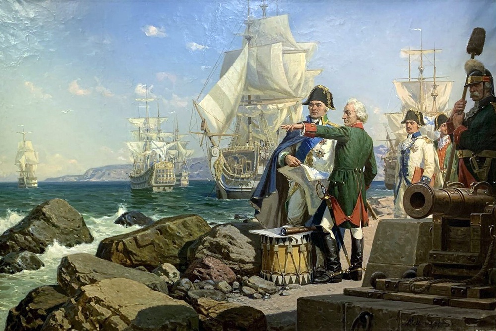 Время гениальных полководцев. "Встреча А.В. Суворова с Ф.Ф. Ушаковым". В. Д. Илюхин, 1953 г.