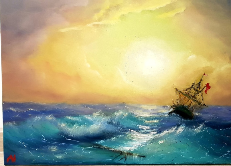 Корабль в бедствии, копия Айвазовского. Автор А. Дорофеев